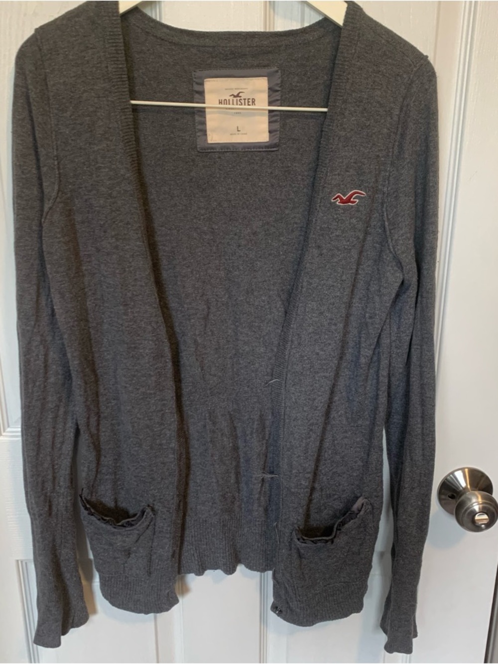 Hollister Women's Dark Gray Open-Front Cardigan with Logo